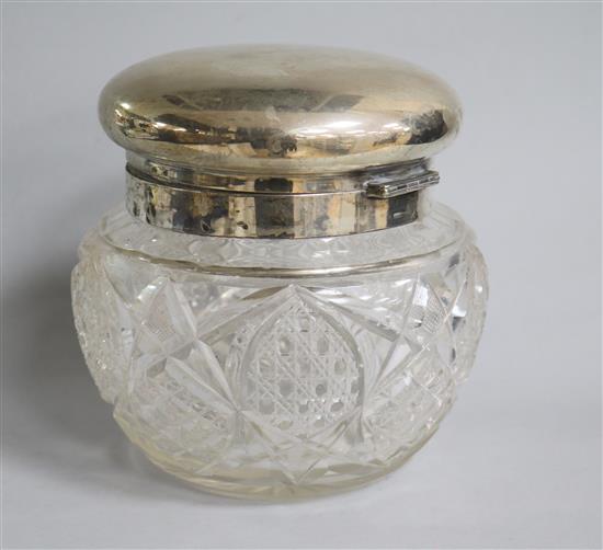 A large 800 standard silver mounted cut glass powder bowl, height 17.5cm.
